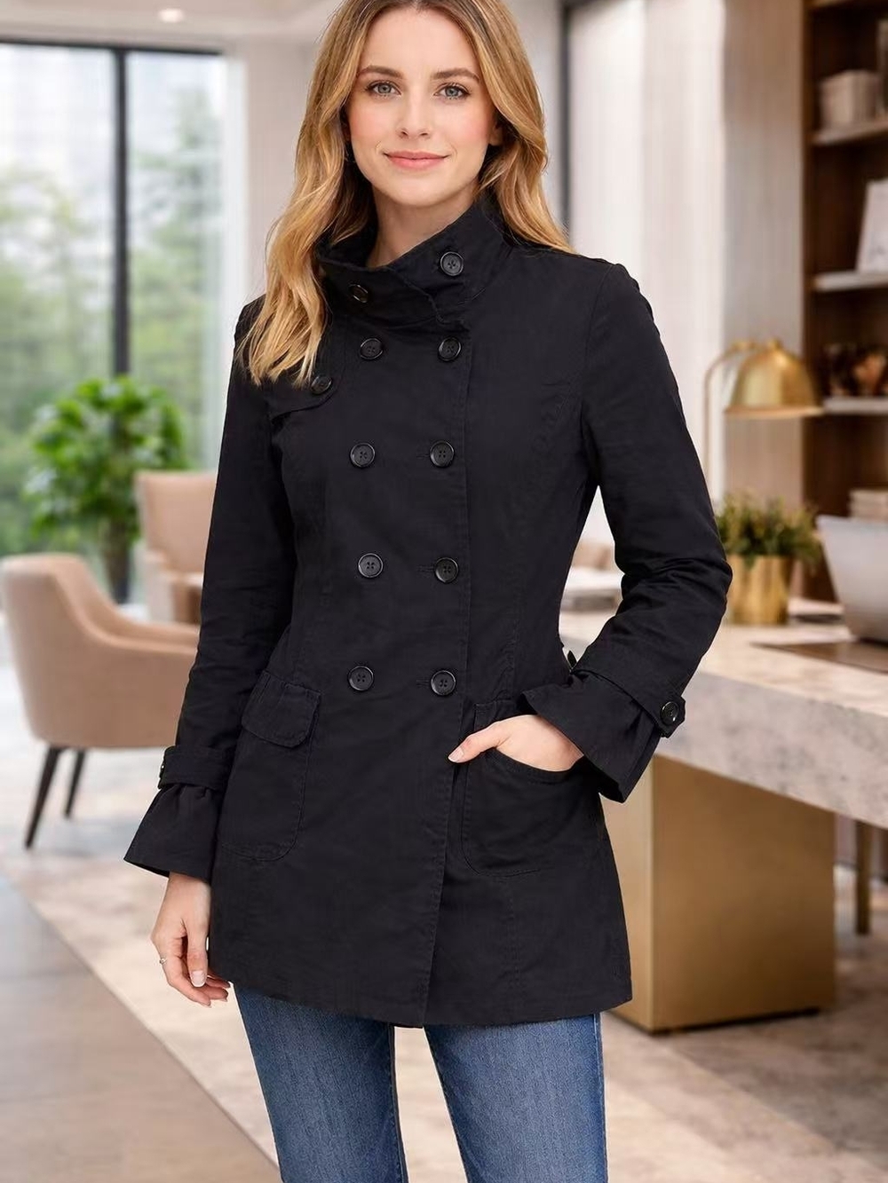 Esprit Black Double-Breasted Trench Jacket